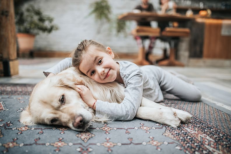 child with golden retriever laying on an area rug.