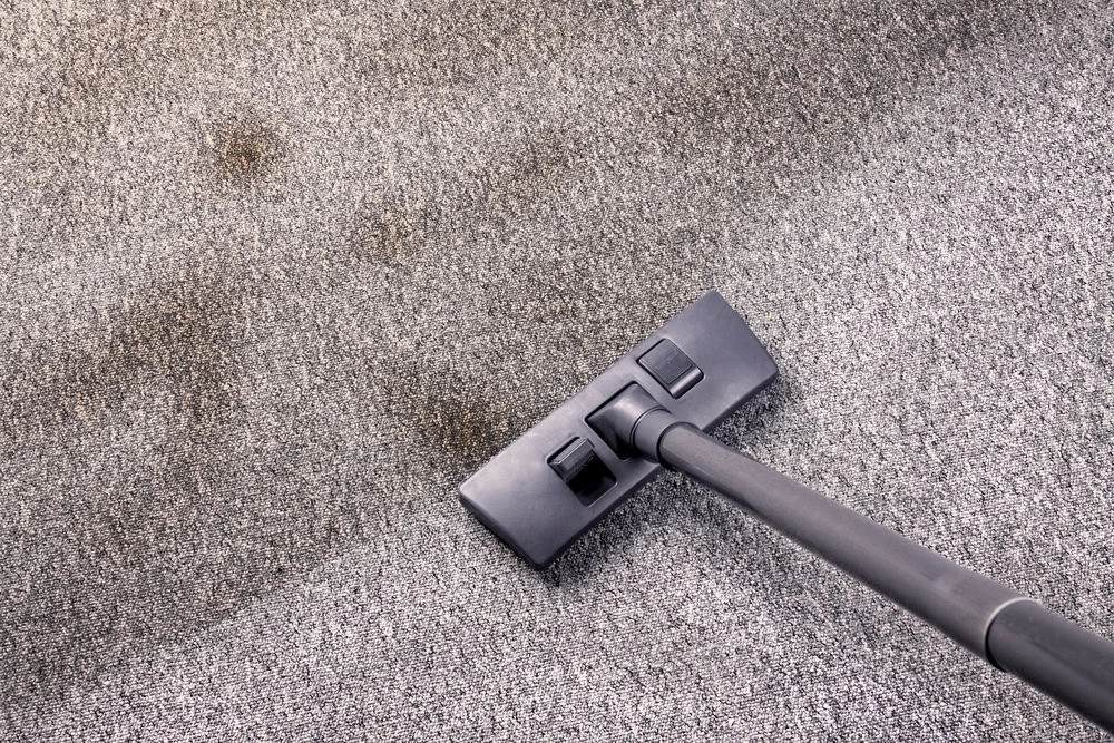 A vacuum cleaner glides over a gray carpet with dark stains, its black head leaving a clean path. Unlike central vacuum systems in Long Island, NY, this model offers flexibility for tackling stubborn spots with ease.