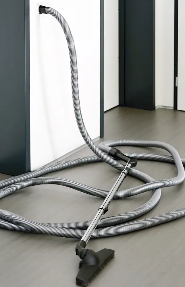 A central vacuum hose and nozzle from central vacuum systems Long Island are attached to a wall inlet in a modern NY room with gray flooring and white walls. The hose is coiled on the floor.